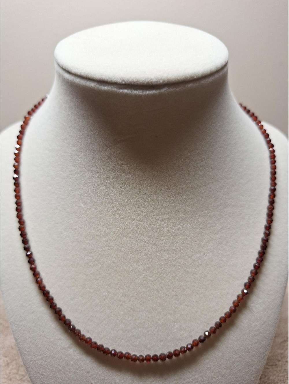 Garnet beaded necklace in sterling silver rondelles 18 inches